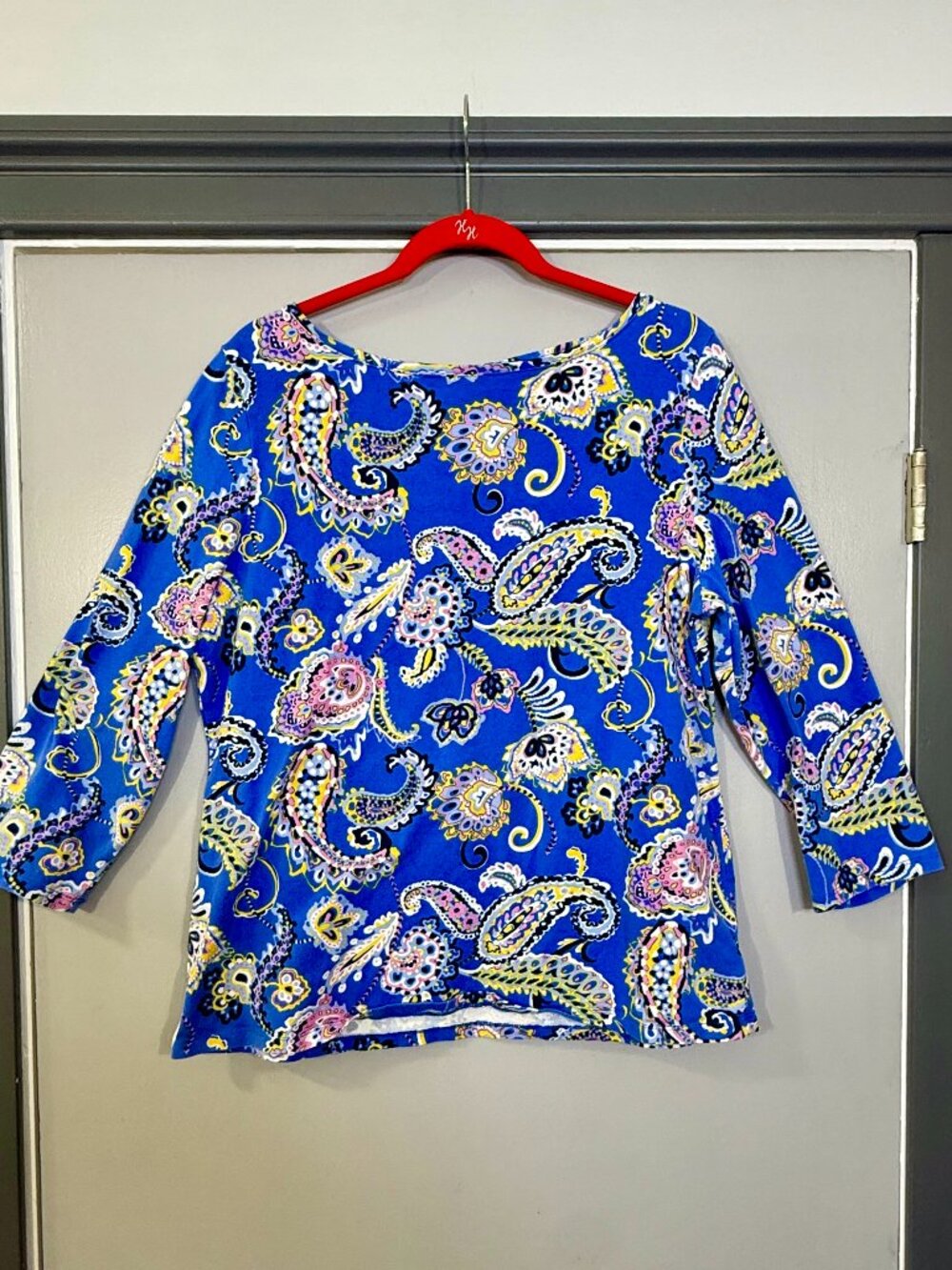 Talbots Tee XL Royal Blue Multicolor Paisley Boat Neck 3/4 Sleeve Top
